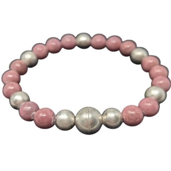 Milor Italy 925 Sterling Silver & Pink Rhodonite Bead Stretch Bracelet - Picture 2 of 5
